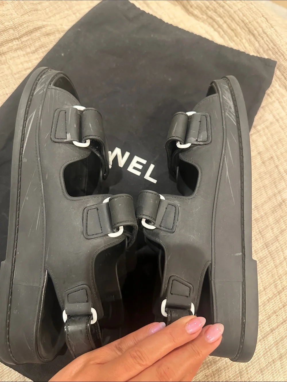 CHANEL Dad- Black Rubber Double-Strap Sandals